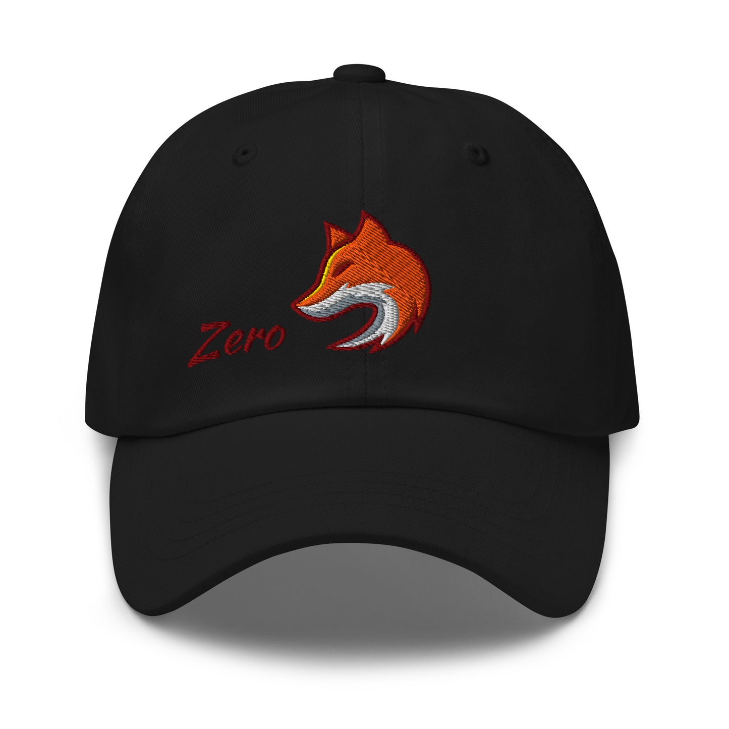 Black baseball cap with embroidered fox and the word 'Zero' on front, suggesting 'Zero Fox' or 'Zero F*cks