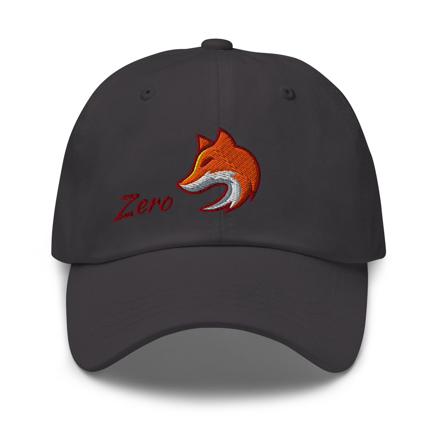 Dark grey baseball cap with embroidered fox and the word 'Zero' on front, suggesting 'Zero Fox' or 'Zero F*cks