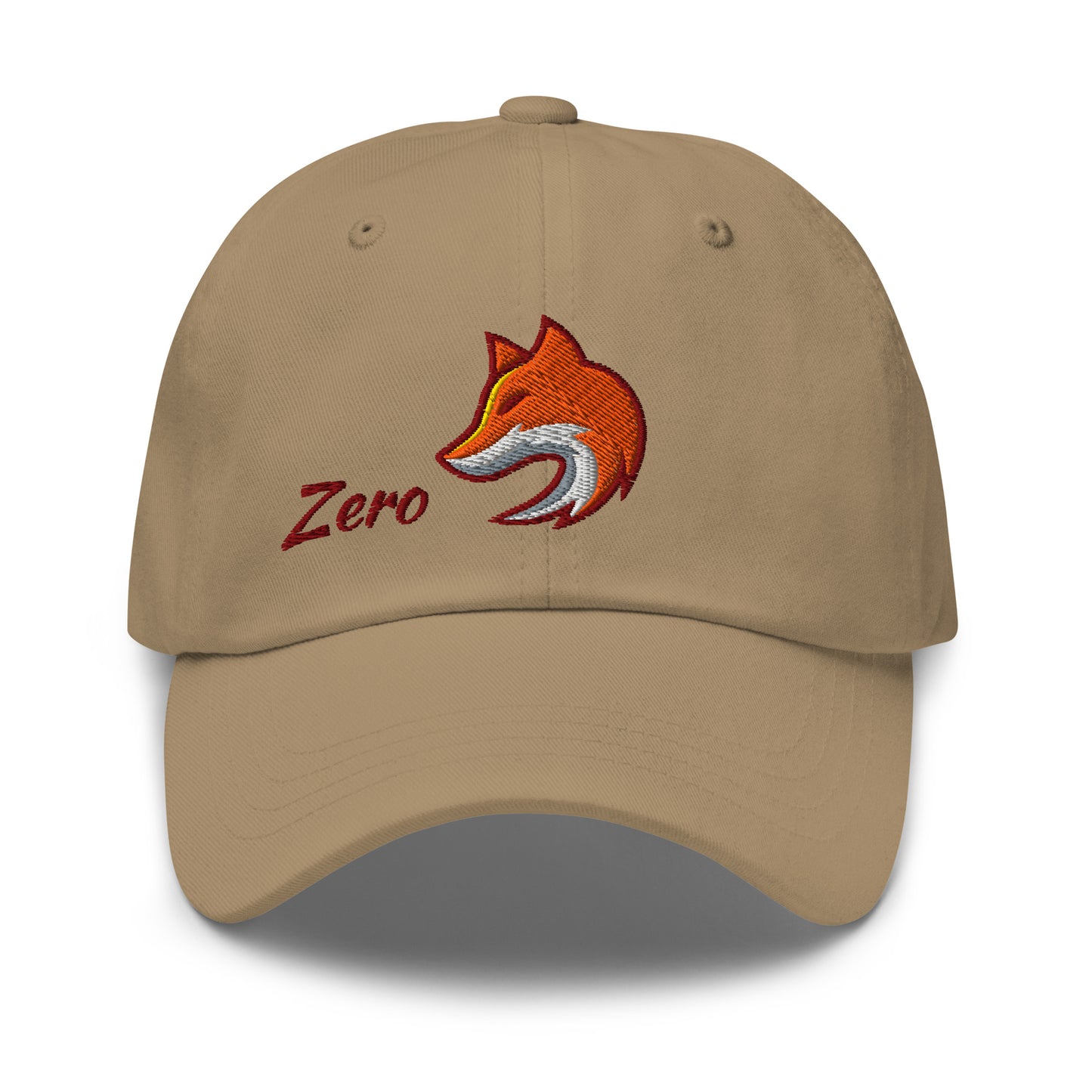 Khaki baseball cap with embroidered fox and the word 'Zero' on front, suggesting 'Zero Fox' or 'Zero F*cks