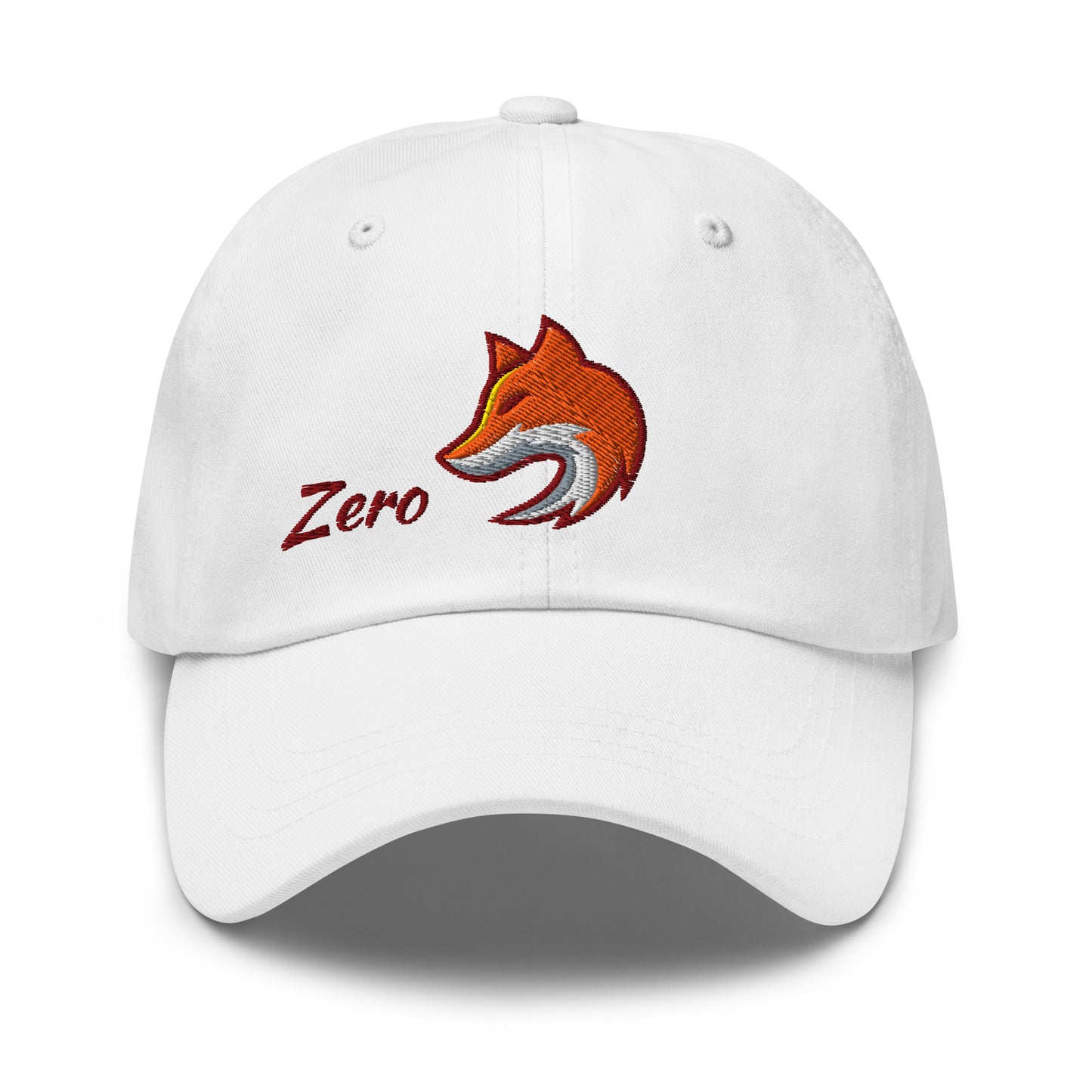 White baseball cap with embroidered fox and the word 'Zero' on front, suggesting 'Zero Fox' or 'Zero F*cks