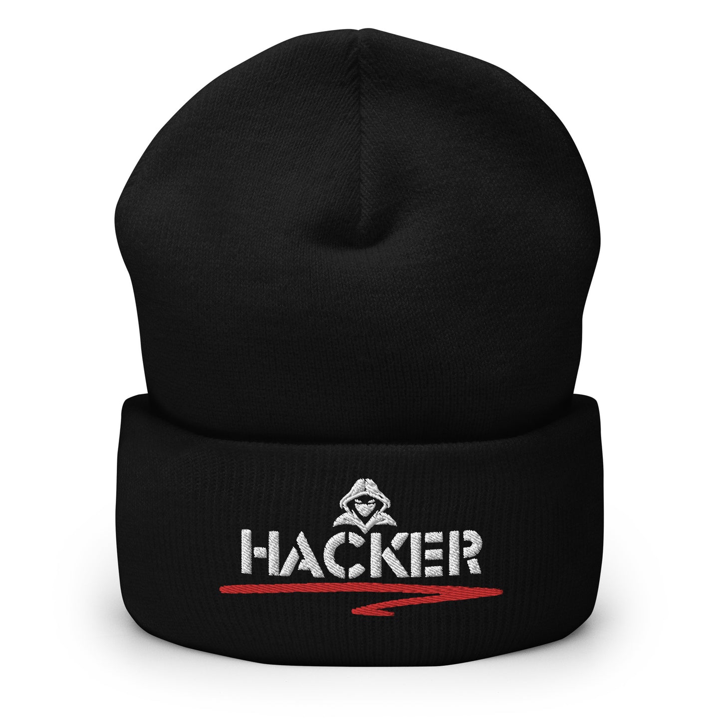 Black beanie with the word 'HACKER' embroidered in bold white letters on the front.