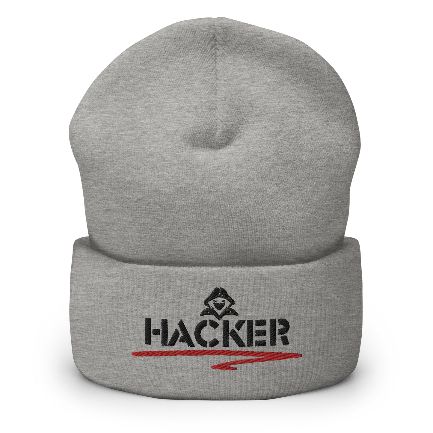 Heather grey beanie with the word 'HACKER' embroidered in bold black letters on the front.