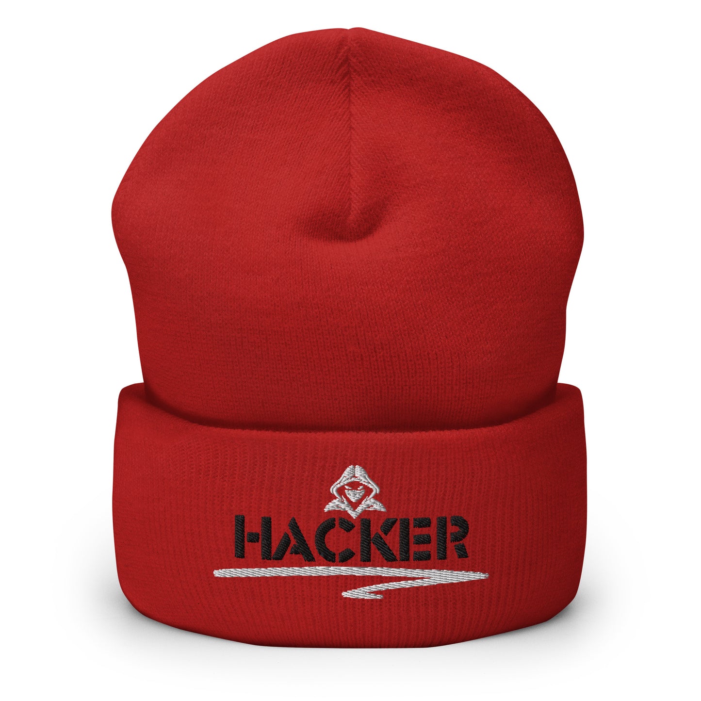 Red beanie with the word 'HACKER' embroidered in bold black letters on the front.