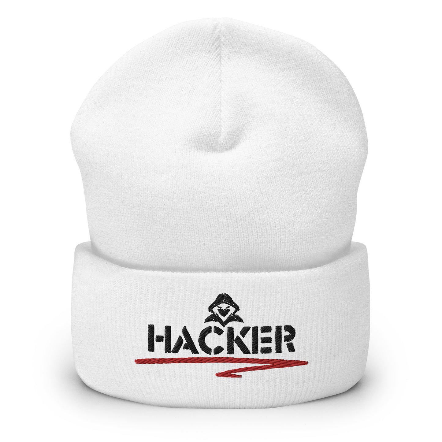 White beanie with the word 'HACKER' embroidered in bold black letters on the front.