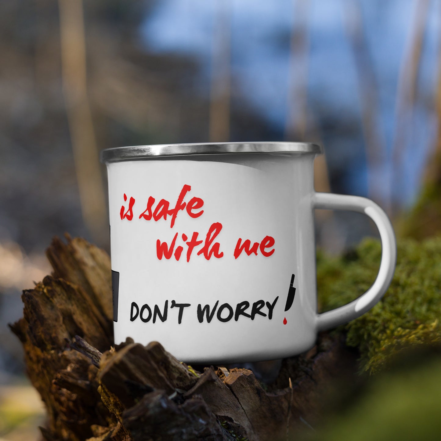Lightweight enamel mug with the text 'Your Password Is Safe With Me, Don't Worry!' and an illustration of a hacker cat coding on a laptop.