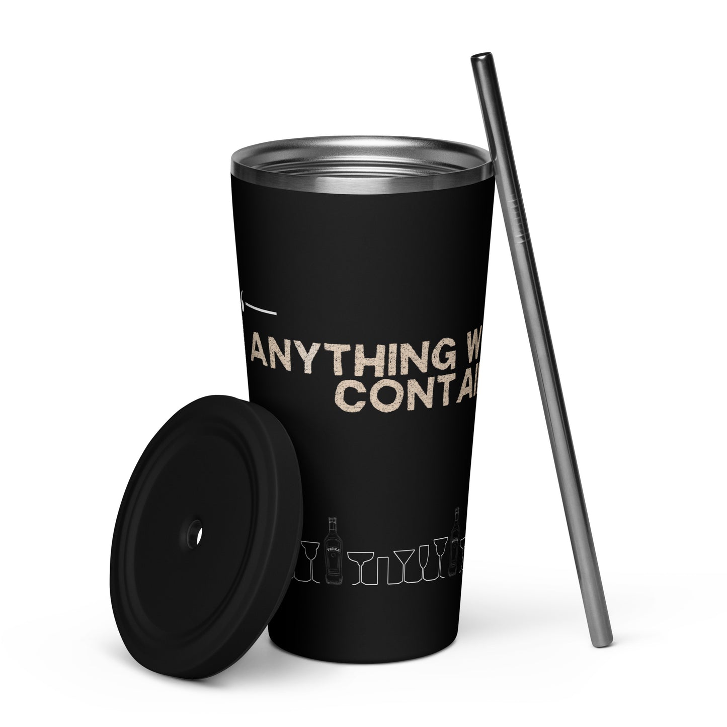 Open black insulated tumbler with a lid and a metal straw and 'Anything Worth Drinking Contains Vodka' text.