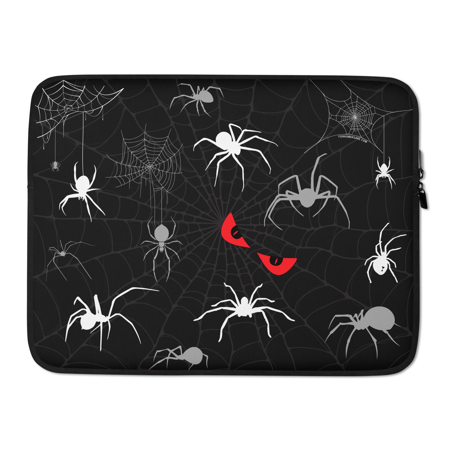 15-inch laptop sleeve with a lined interior, featuring illustrations of spiders, spider webs, and eerie red eyes.