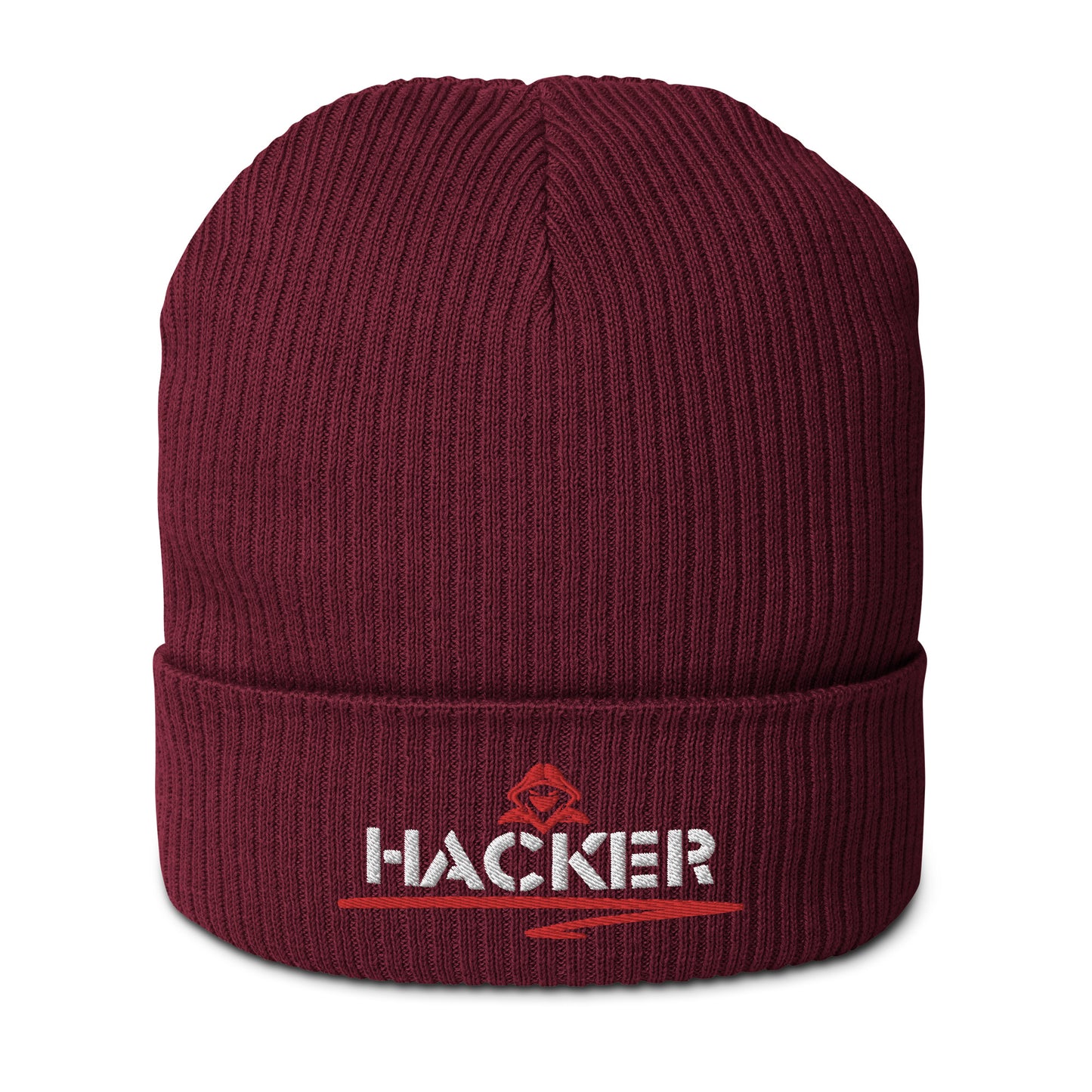 Burgundy organic cotton beanie with 'HACKER' embroidered in bold white letters on the front.