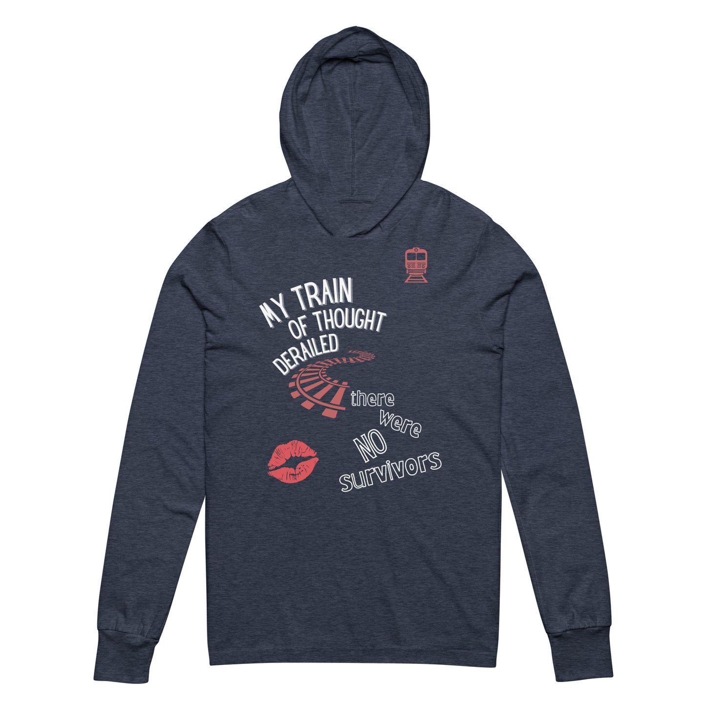 Heather navy blue long sleeve hooded tee with 'My Train of Thought Derailed, There Were No Survivors' text and a humorous graphic. Soft, comfy, and perfect for casual wear.