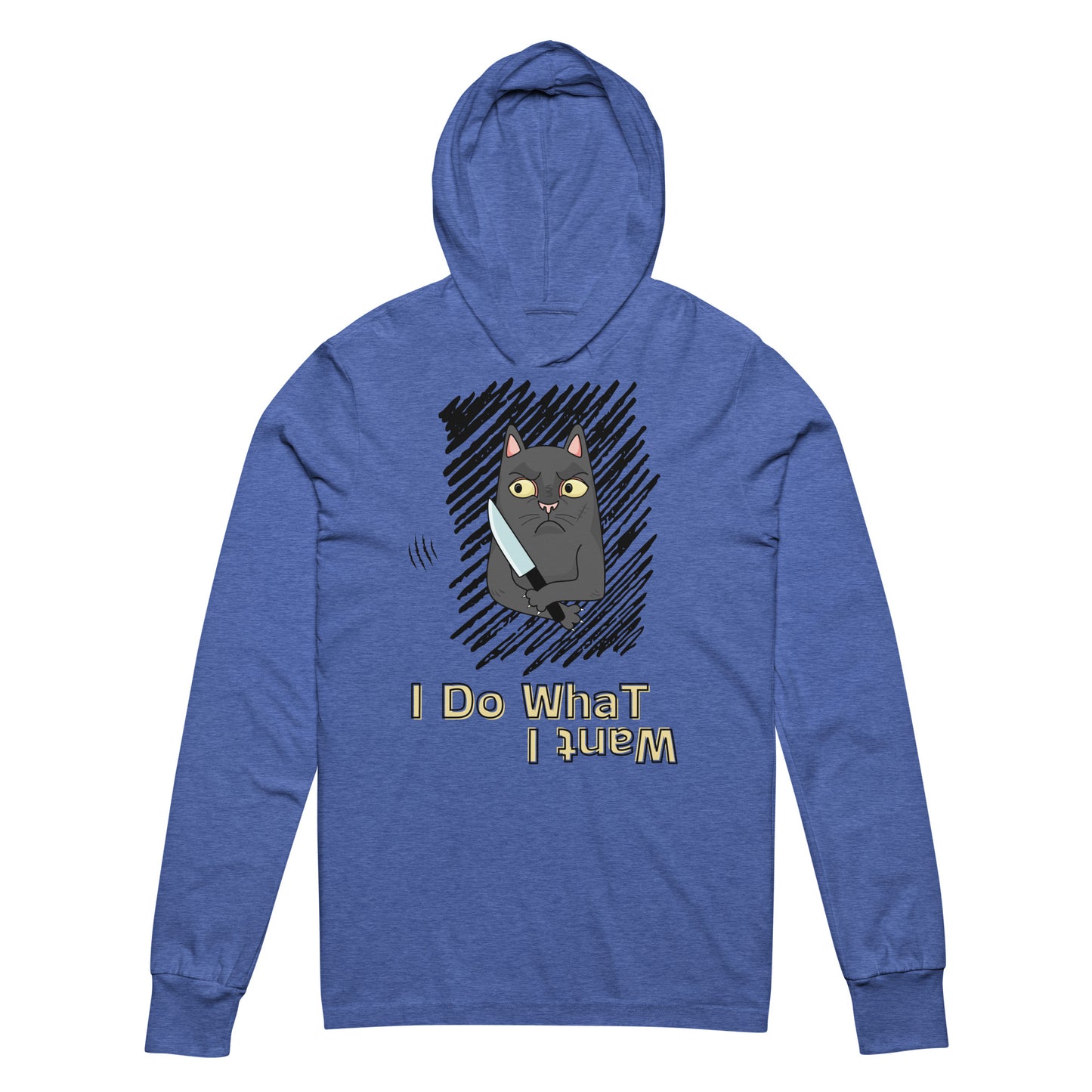 Heather blue unisex hooded long sleeve tee featuring the text 'I Do What I Want' and an illustration of a rebellious cat holding a knife.