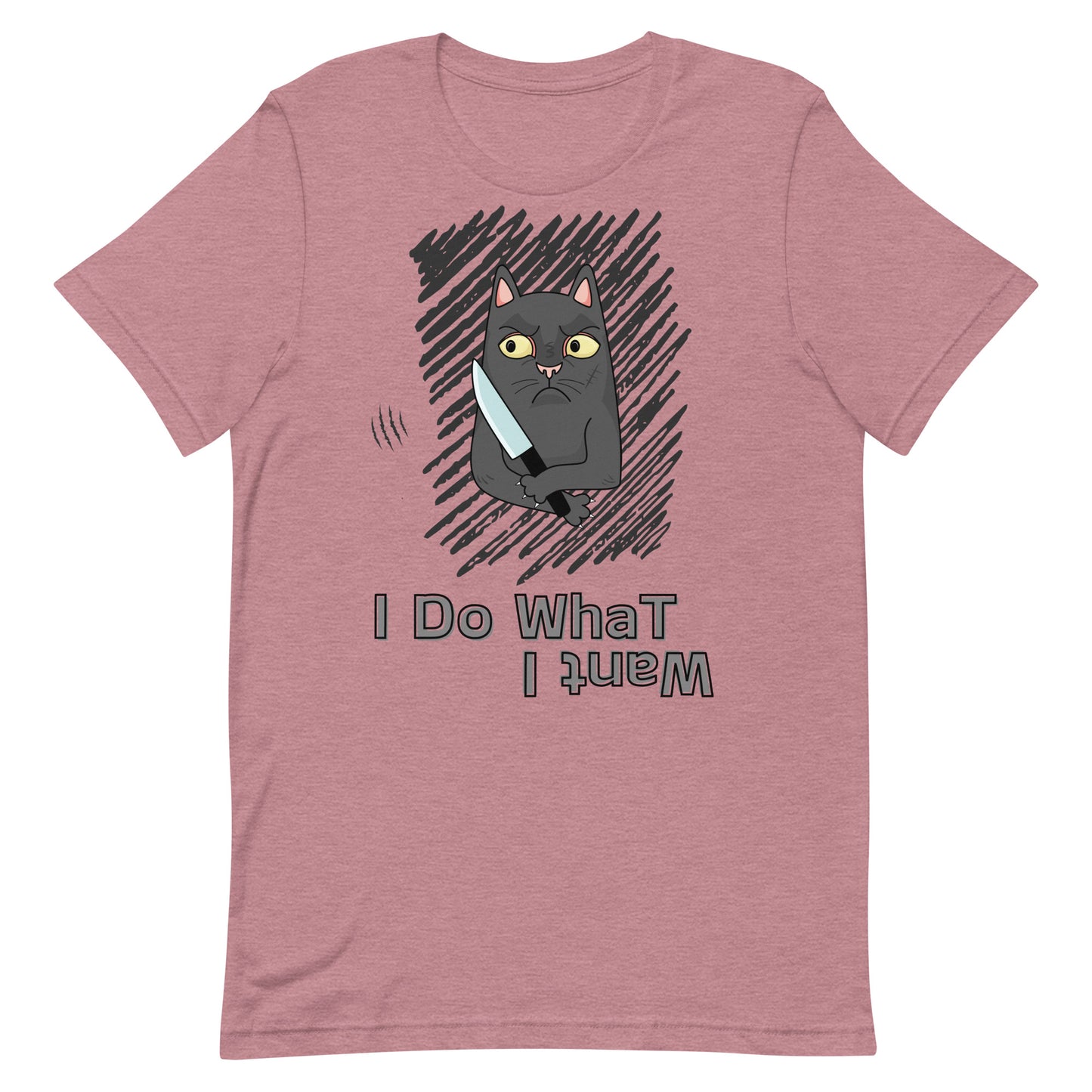 Unisex pink orchid color t-shirt featuring a mischievous cat holding a knife with the text "I Do What I Want." Soft, lightweight, and perfect for bold personalities.