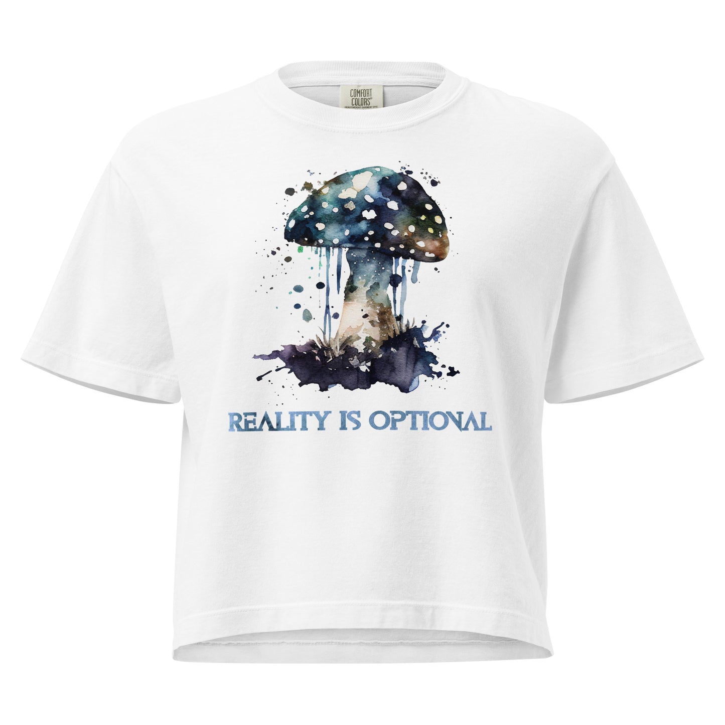 White mushroom t-shirt with psychedelic watercolor design and “Reality Is Optional” text.