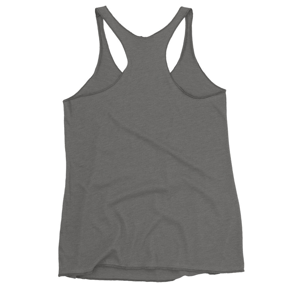 Back of a heather grey racerback tank top featuring bold 'I am the PsycHOTic B*tch Everyone Warned You About' text, edgy design, and soft, lightweight fabric for a flattering fit.