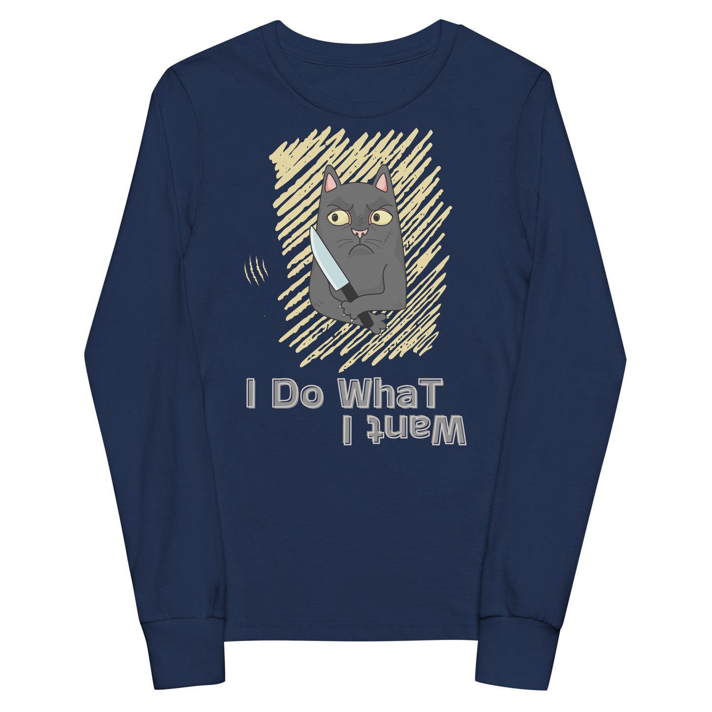 Navy blue youth long sleeve tee with the text 'I Do What I Want!' and an illustration of a mischievous cat holding a knife.