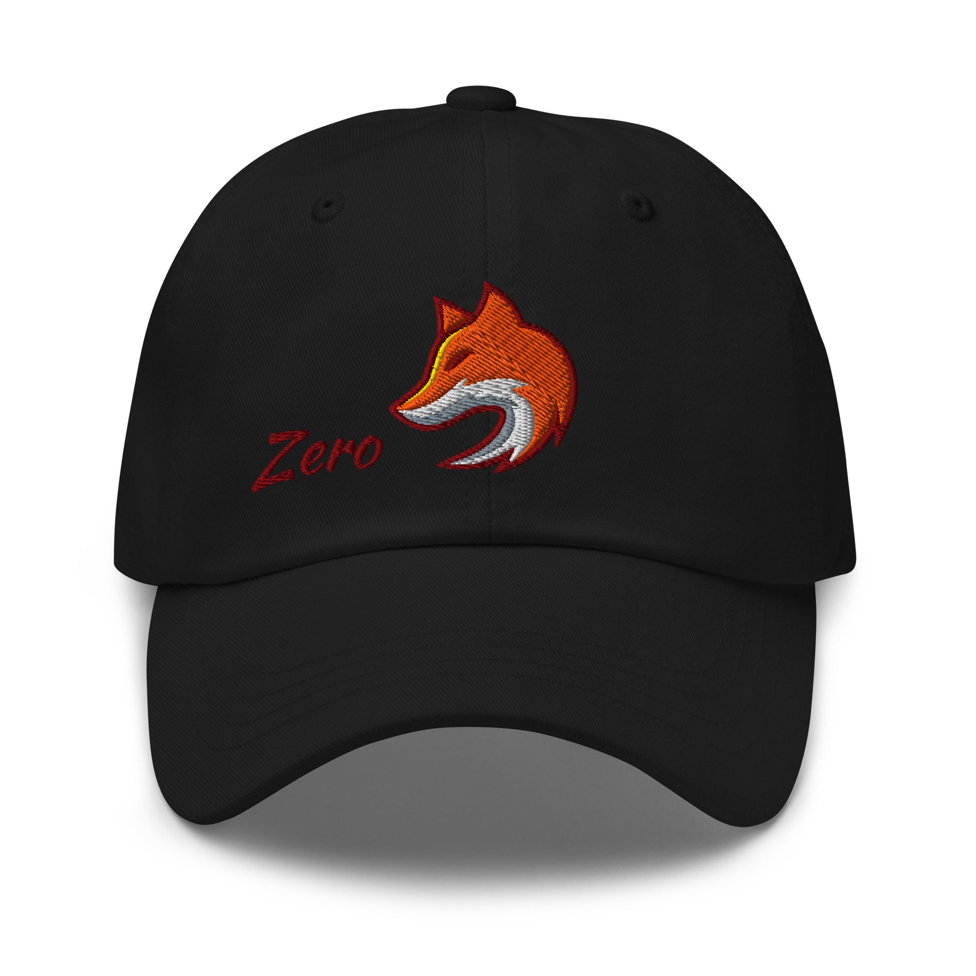 Black baseball cap with embroidered fox and the word 'Zero' on front, suggesting 'Zero Fox' or 'Zero F*cks