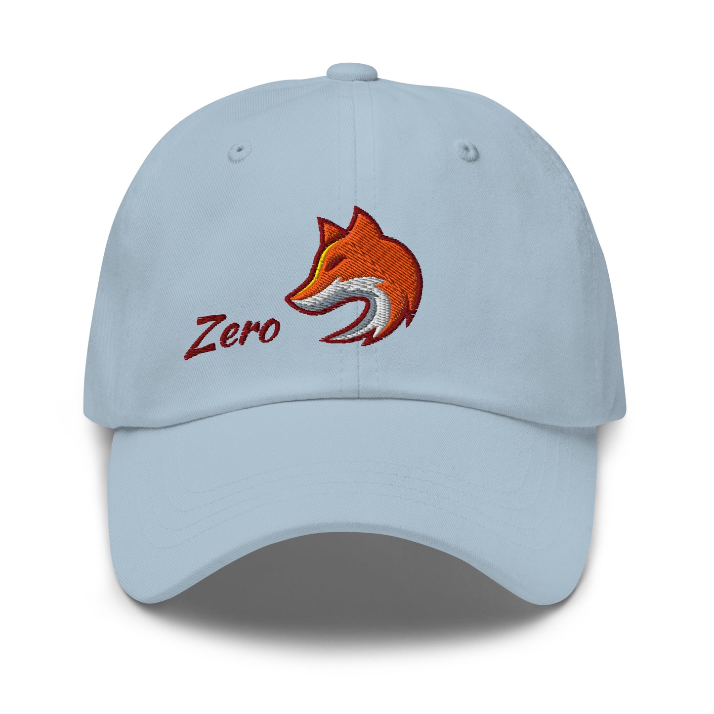 Blue baseball cap with embroidered fox and the word 'Zero' on front, suggesting 'Zero Fox' or 'Zero F*cks