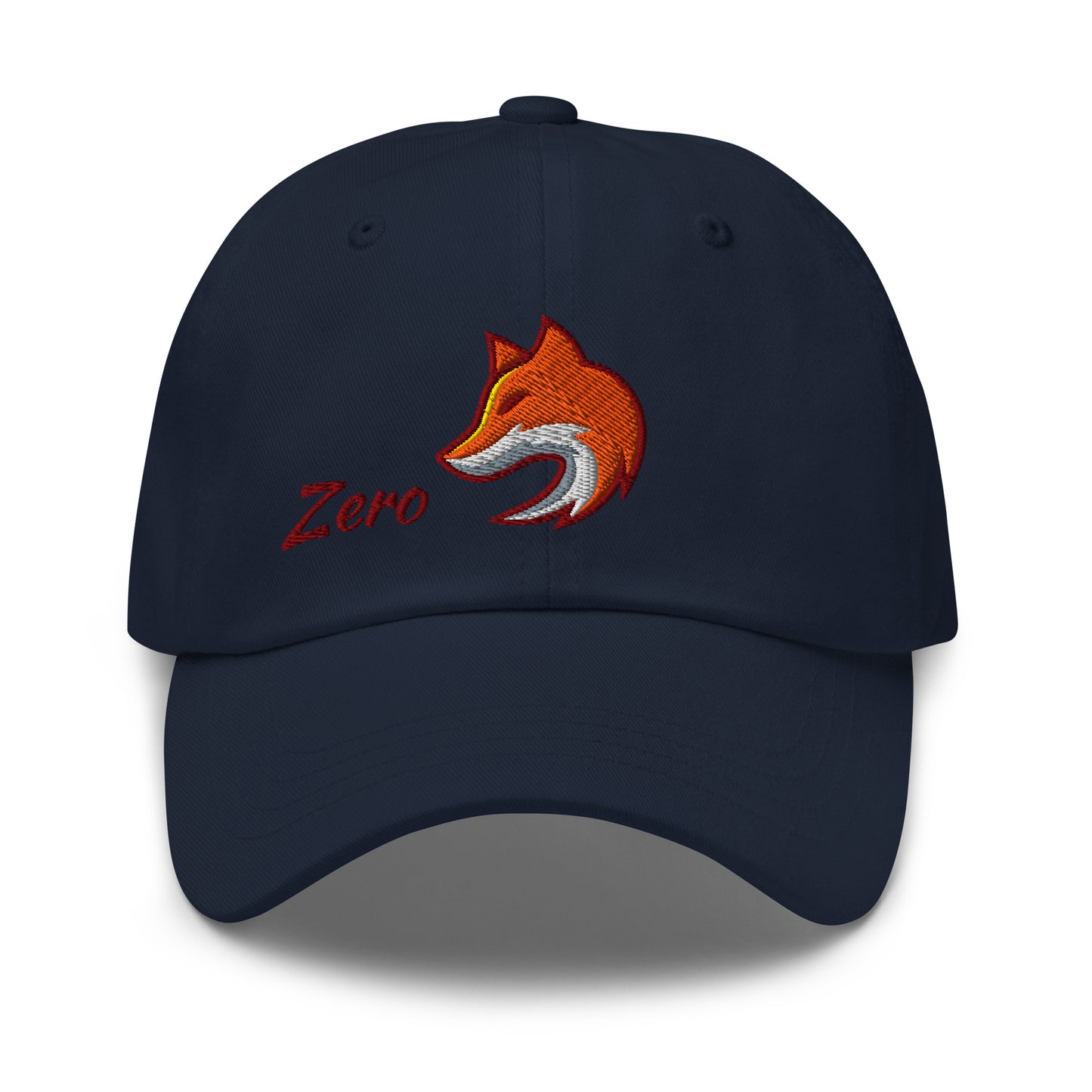 Navy blue baseball cap with embroidered fox and the word 'Zero' on front, suggesting 'Zero Fox' or 'Zero F*cks
