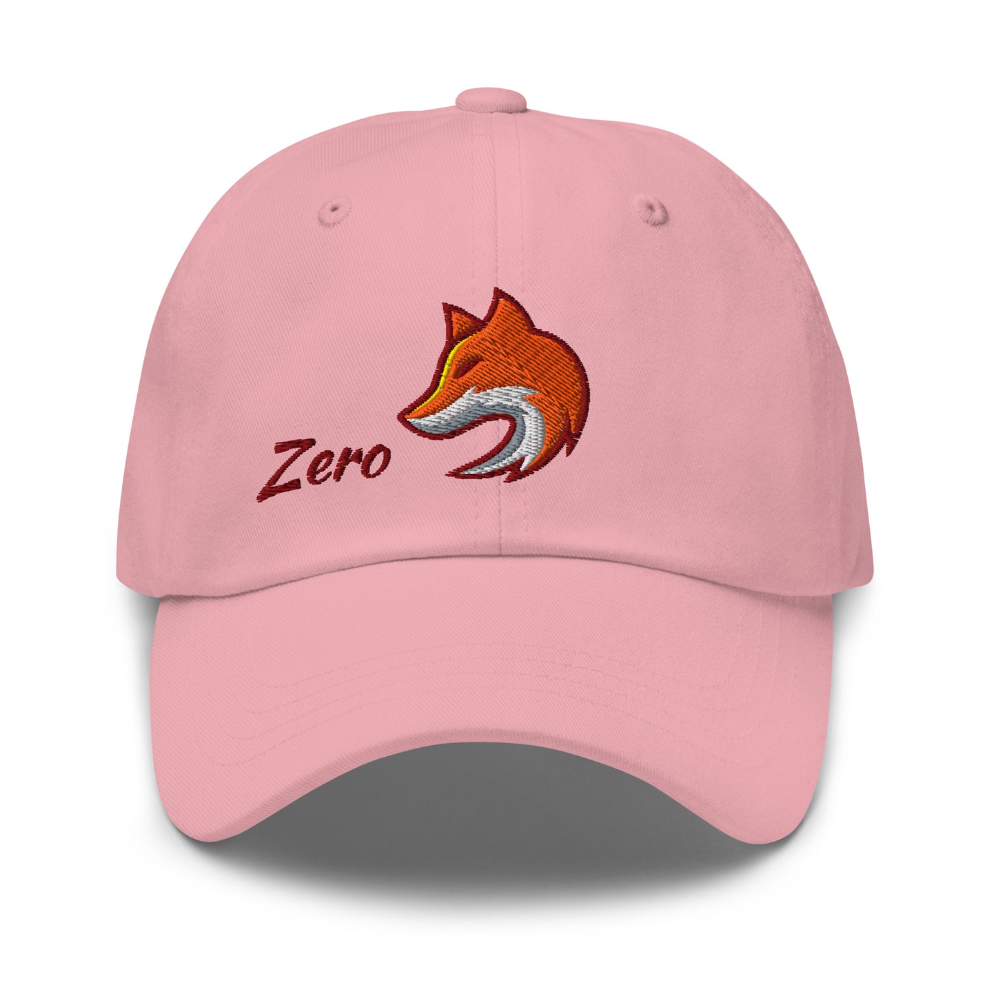 Pink baseball cap with embroidered fox and the word 'Zero' on front, suggesting 'Zero Fox' or 'Zero F*cks