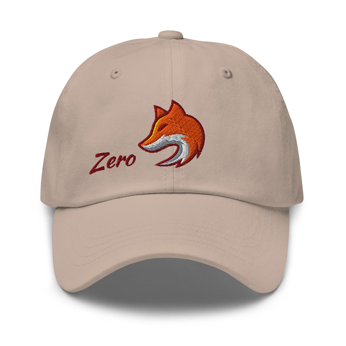Stone color baseball cap with embroidered fox and the word 'Zero' on front, suggesting 'Fox' or 'Zero F*cks