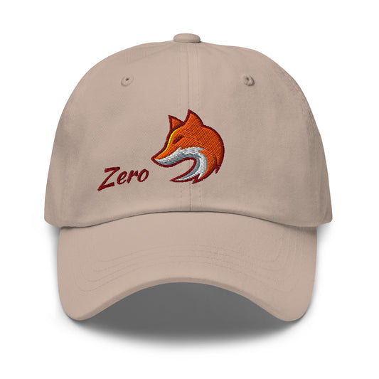 Stone color baseball cap with embroidered fox and the word 'Zero' on front, suggesting 'Fox' or 'Zero F*cks