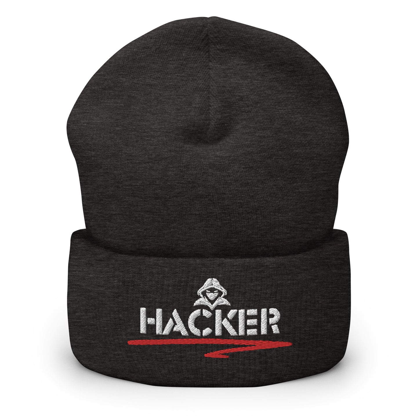 Dark grey beanie with the word 'HACKER' embroidered in bold white letters on the front.