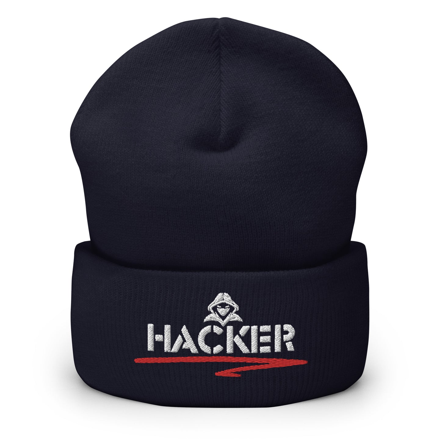 Navy blue beanie with the word 'HACKER' embroidered in bold white letters on the front.