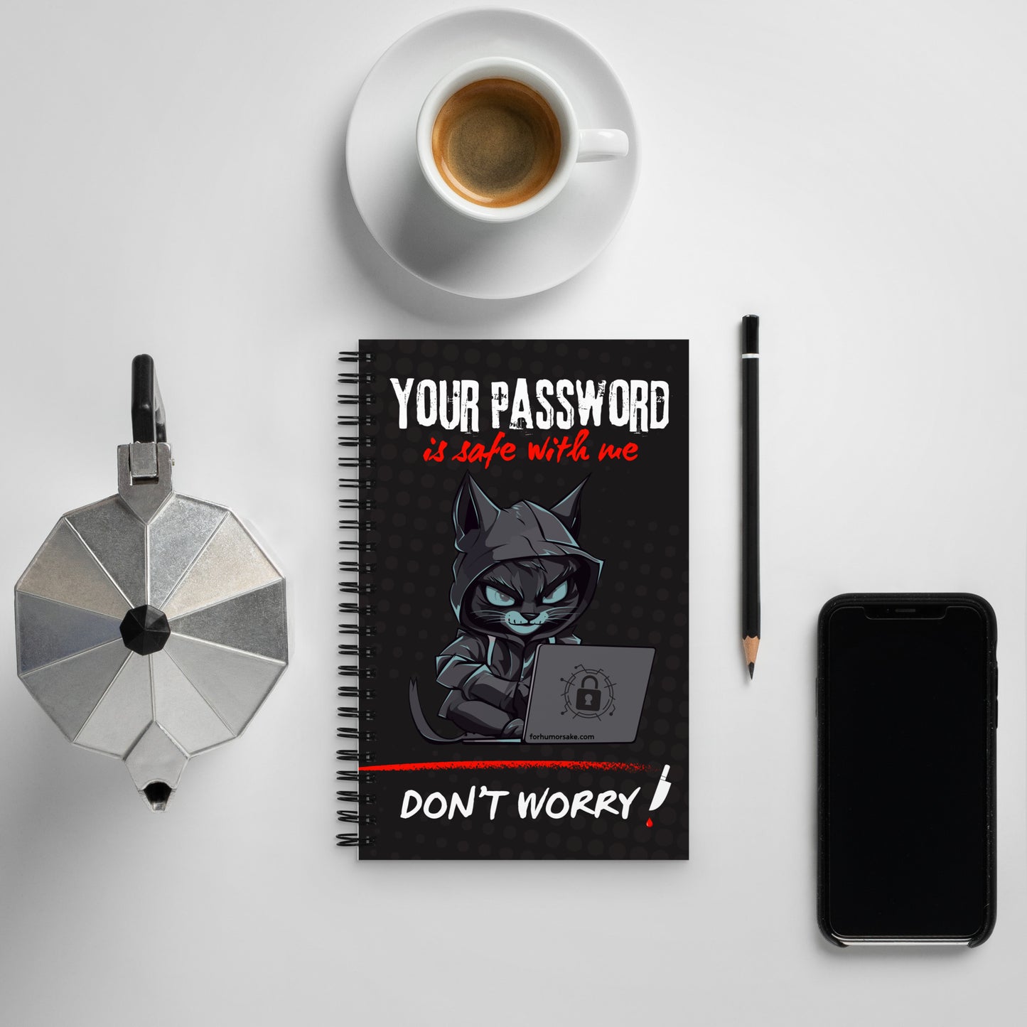 Spiral notebook with text 'Your Password Is Safe With Me, Don't Worry' and an image of a hacker cat coding on a laptop.