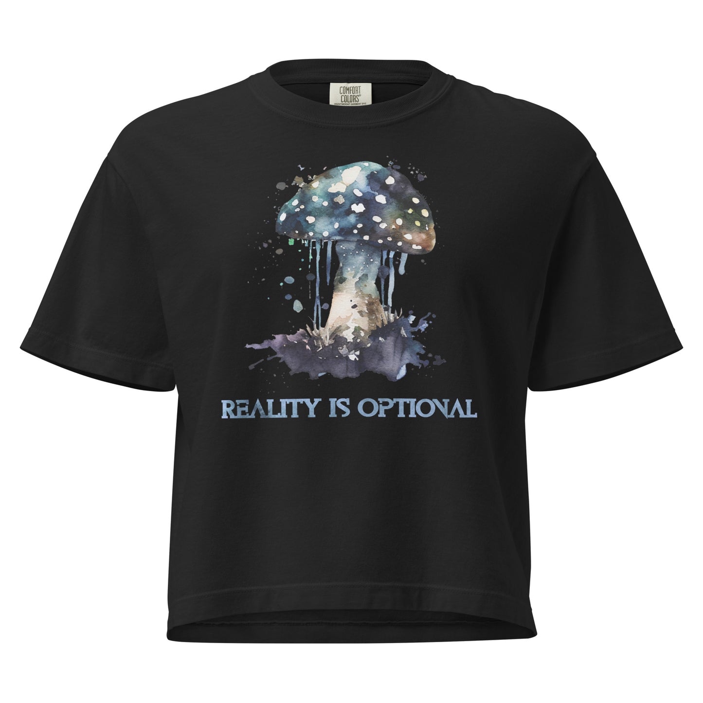 Black mushroom t-shirt with psychedelic watercolor design and “Reality Is Optional” text.