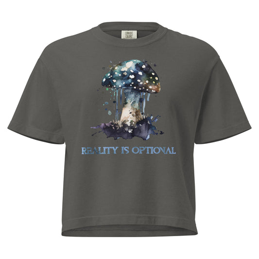 Grey mushroom t-shirt with psychedelic watercolor design and “Reality Is Optional” text.